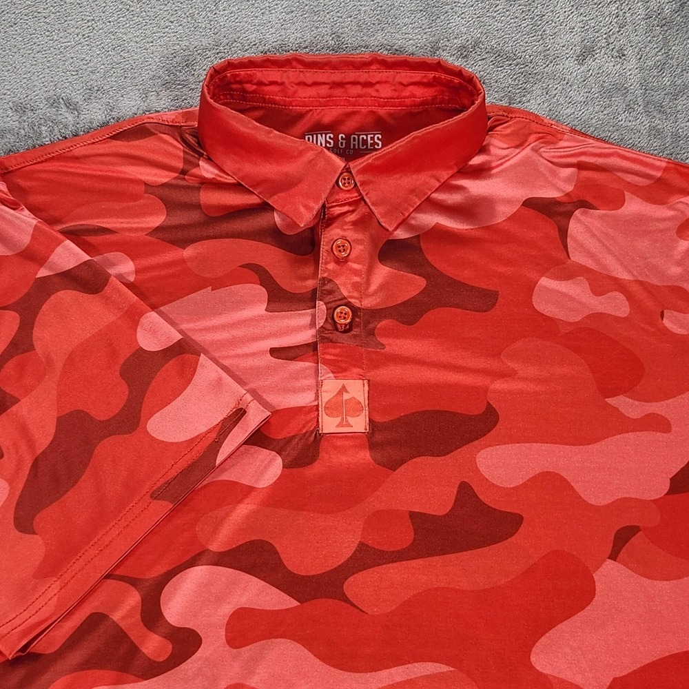 Pins & Aces Polo Shirt Mens‎ XL Red Camo Print Golf Performance Short Sleeve
